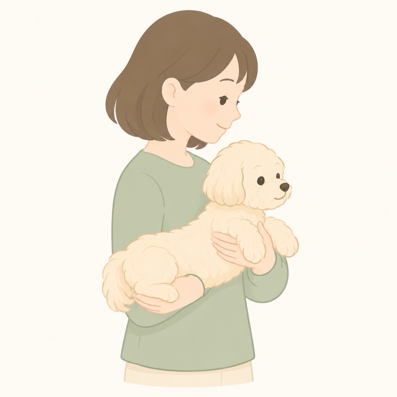 片手で犬の胸、もう一方の前腕でお尻を下から支える正しい抱っこのイラスト
