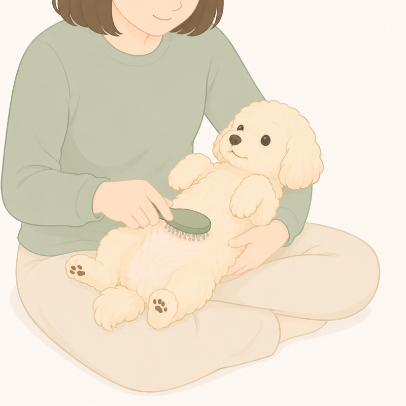 膝の上で犬を仰向けにし、お腹をブラシでやさしくとかしているイラスト