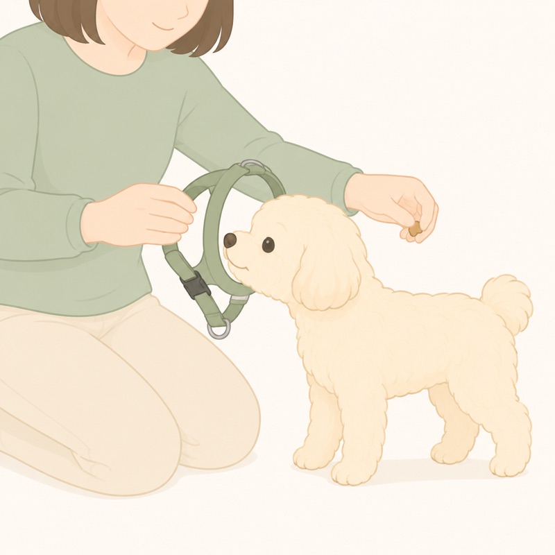 ハーネスの頭を通す輪の向こう側におやつを見せ、犬が自分から鼻を通そうとしているイラスト