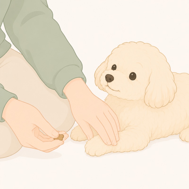 伏せている犬の前足の甲に手をそっと添え、もう片方の手におやつを持っているイラスト