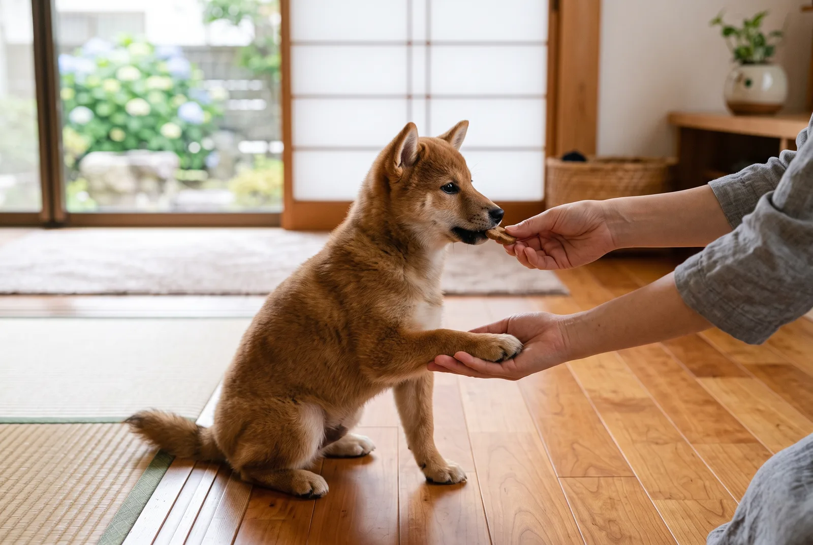 子犬のうちに、前足の先を持ってはおやつ。足先・耳・口を触られることを、力がつく前に当たり前にする