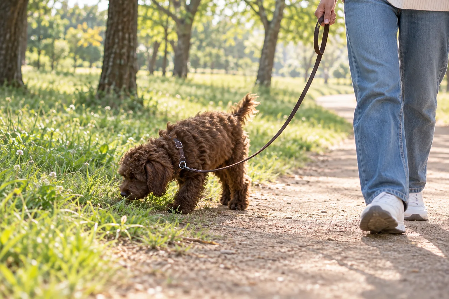 子犬は長く走らせず、土や草の上でにおいをかぎながら歩く場面