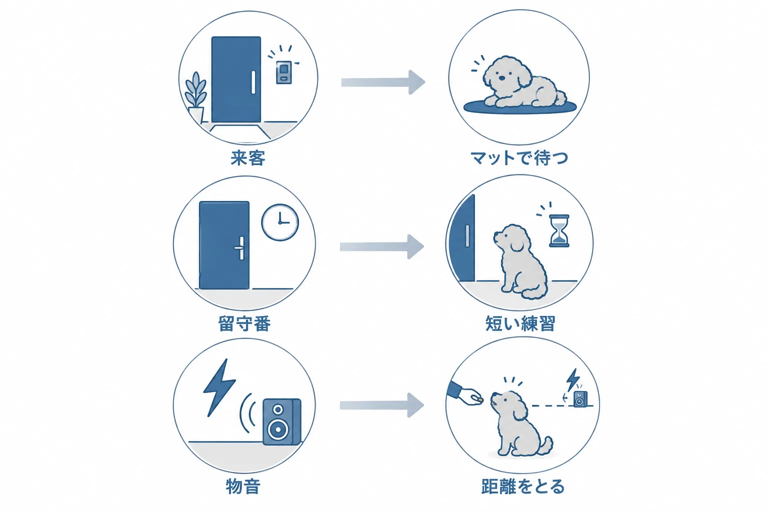 研究でラブラドールより点数が悪かった場面（来客・留守番・物音）と、先に教えること（マットで落ち着く・短い留守番・距離をとって慣らす）の対応