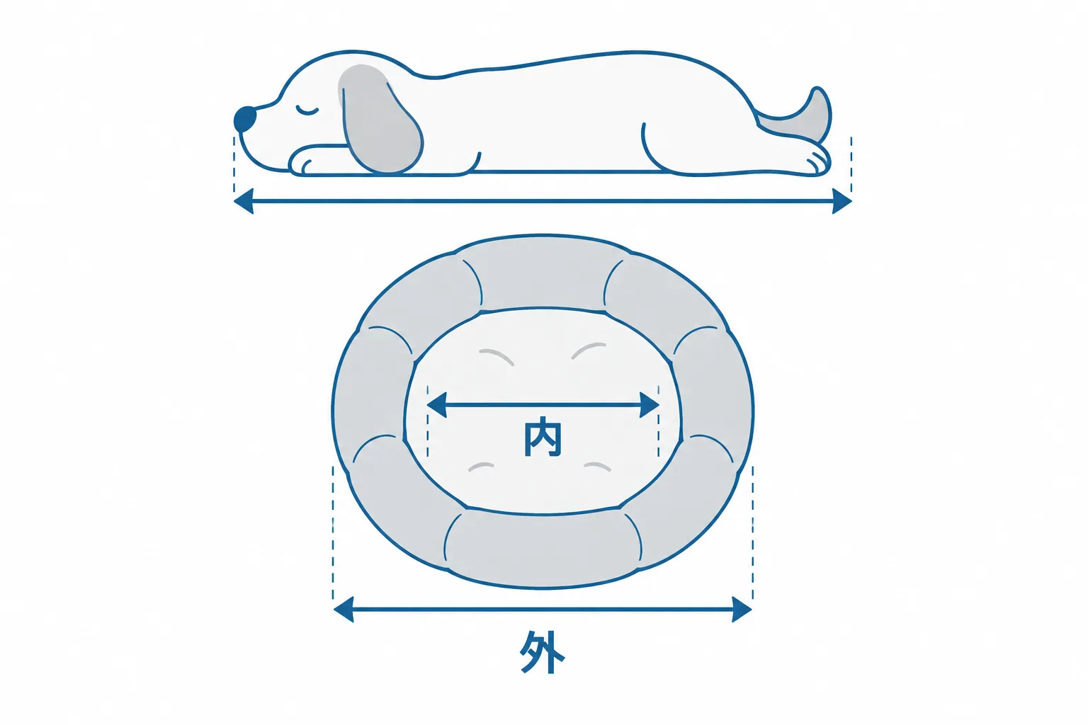 サイズの測り方。横に伸びた状態で鼻先からお尻まで測り、15〜20cmを足す。ふちの内側の寸法で確認する