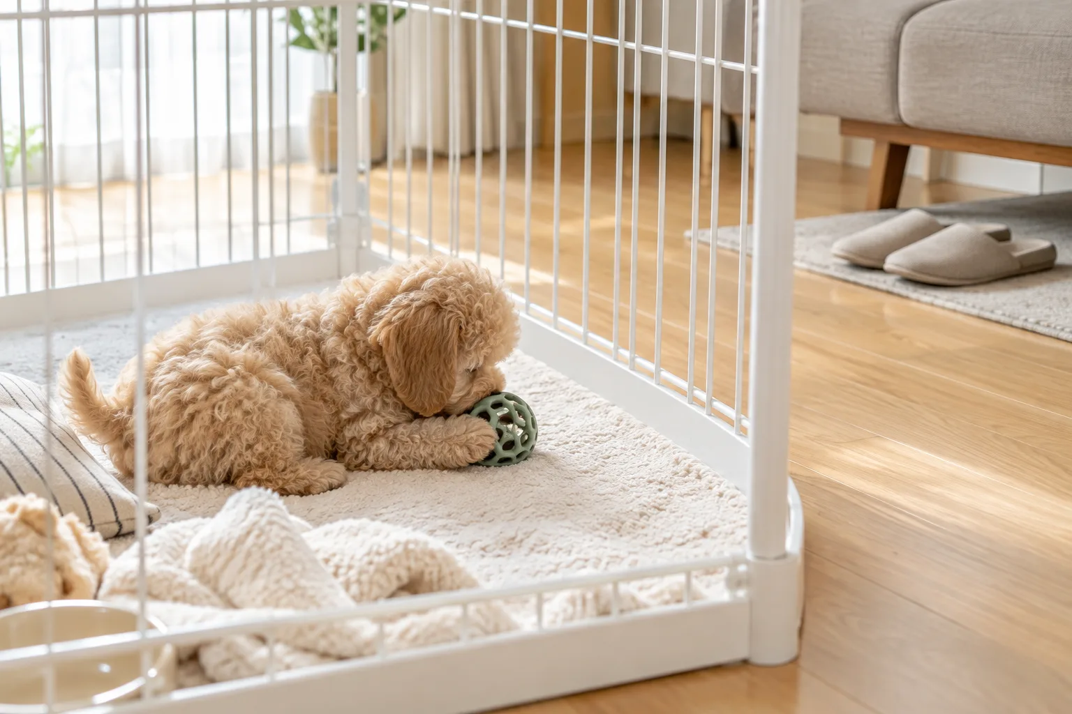 かじってよいおもちゃを与え、家具や靴に届かないサークルの中で子犬を休ませている場面（叱るより環境をつくる）