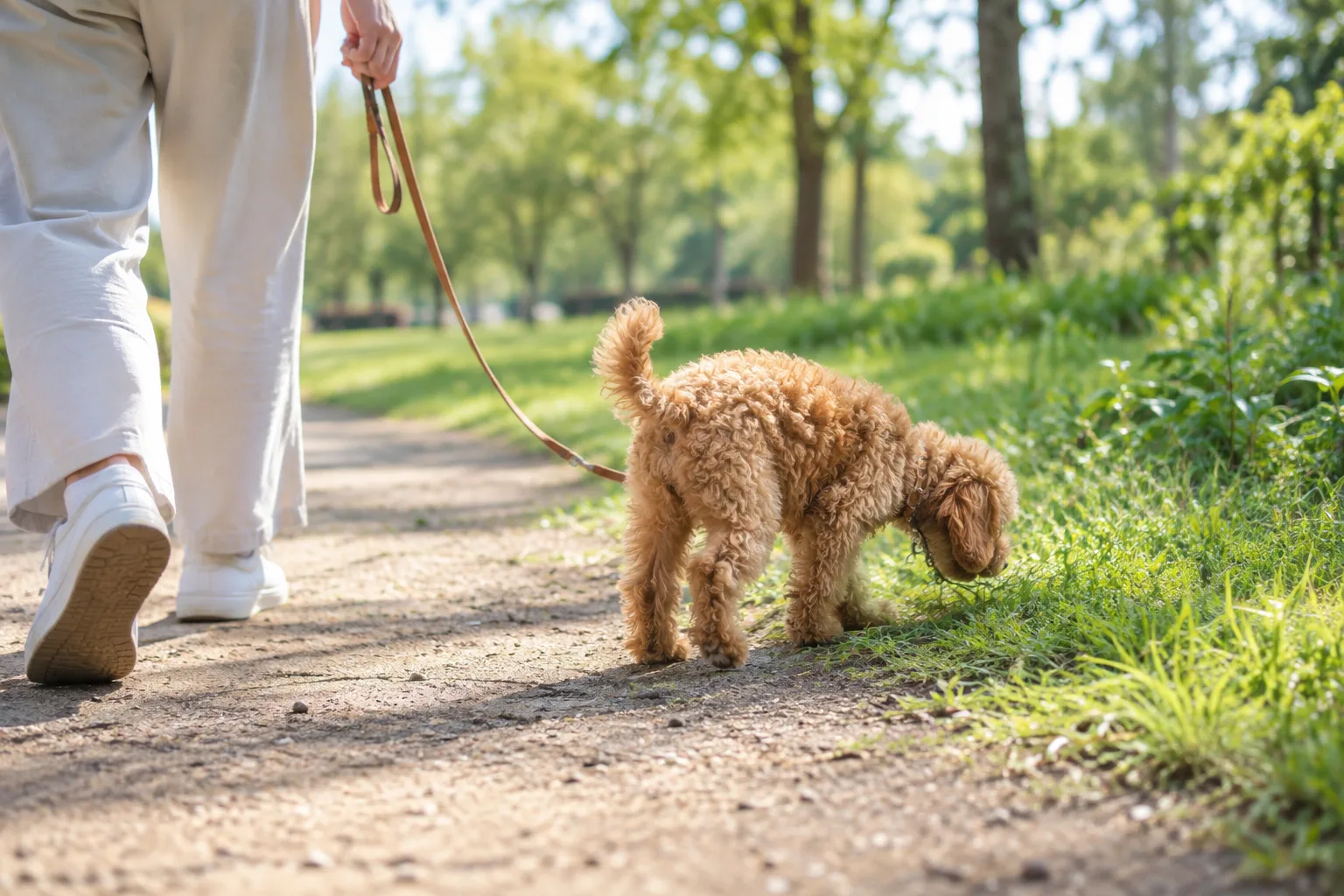 子犬は長く走らせ続けず、たるんだリードでにおいをかぎながら歩く場面