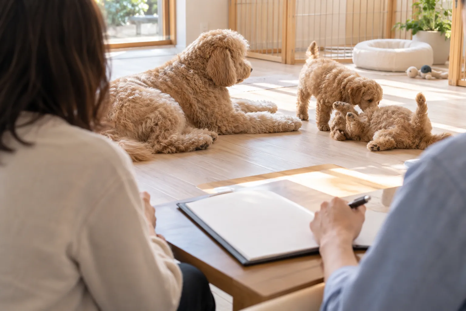 ブリーダーの事業所で、親犬と子犬を実際に見ながら説明を受ける場面（現物確認・対面説明）