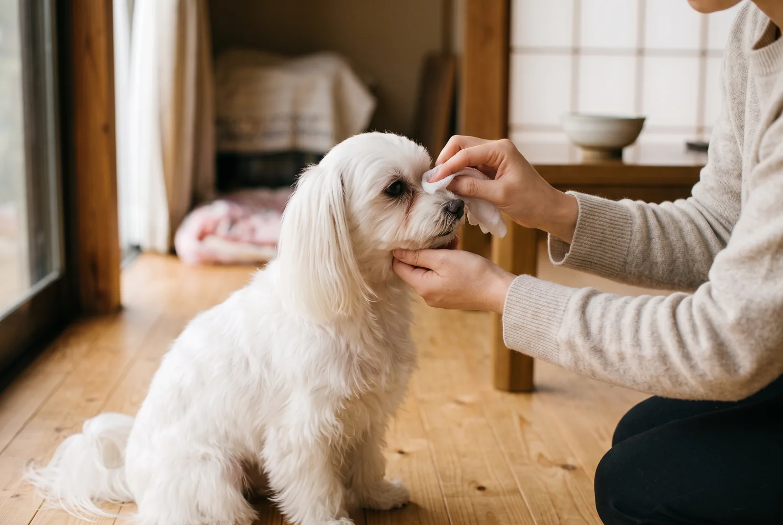 朝一回、ぬるま湯で湿らせた布で目のまわりを拭く