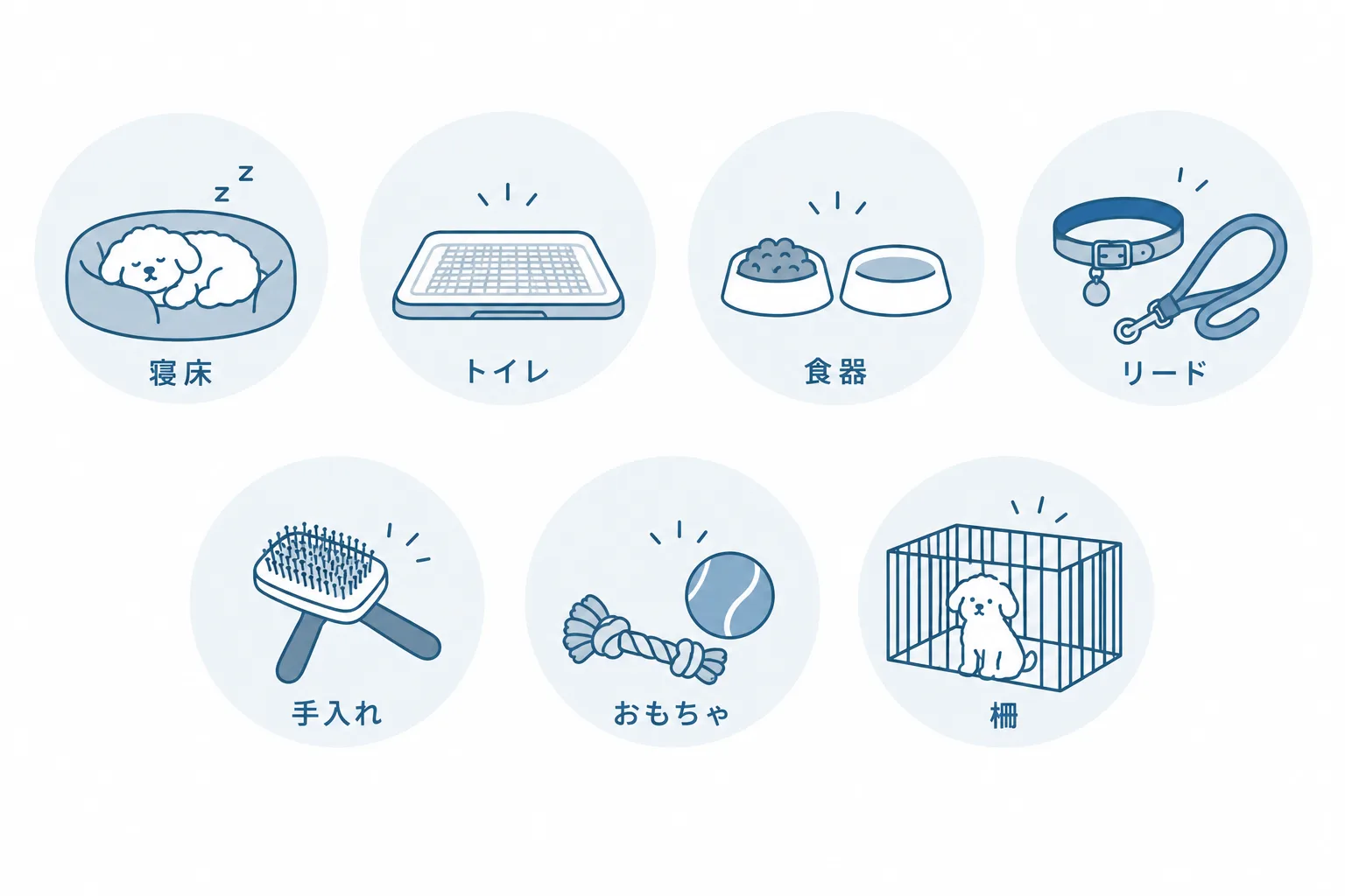 お迎えに揃える七つ。寝床、トイレ、食器、首輪とリード、手入れ用品、おもちゃ、柵