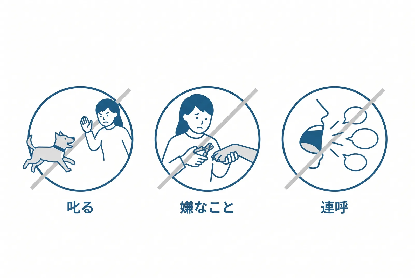 呼び戻しでやってはいけない三つ。来た犬を叱る、呼んでから嫌なことをする、名前を連呼する