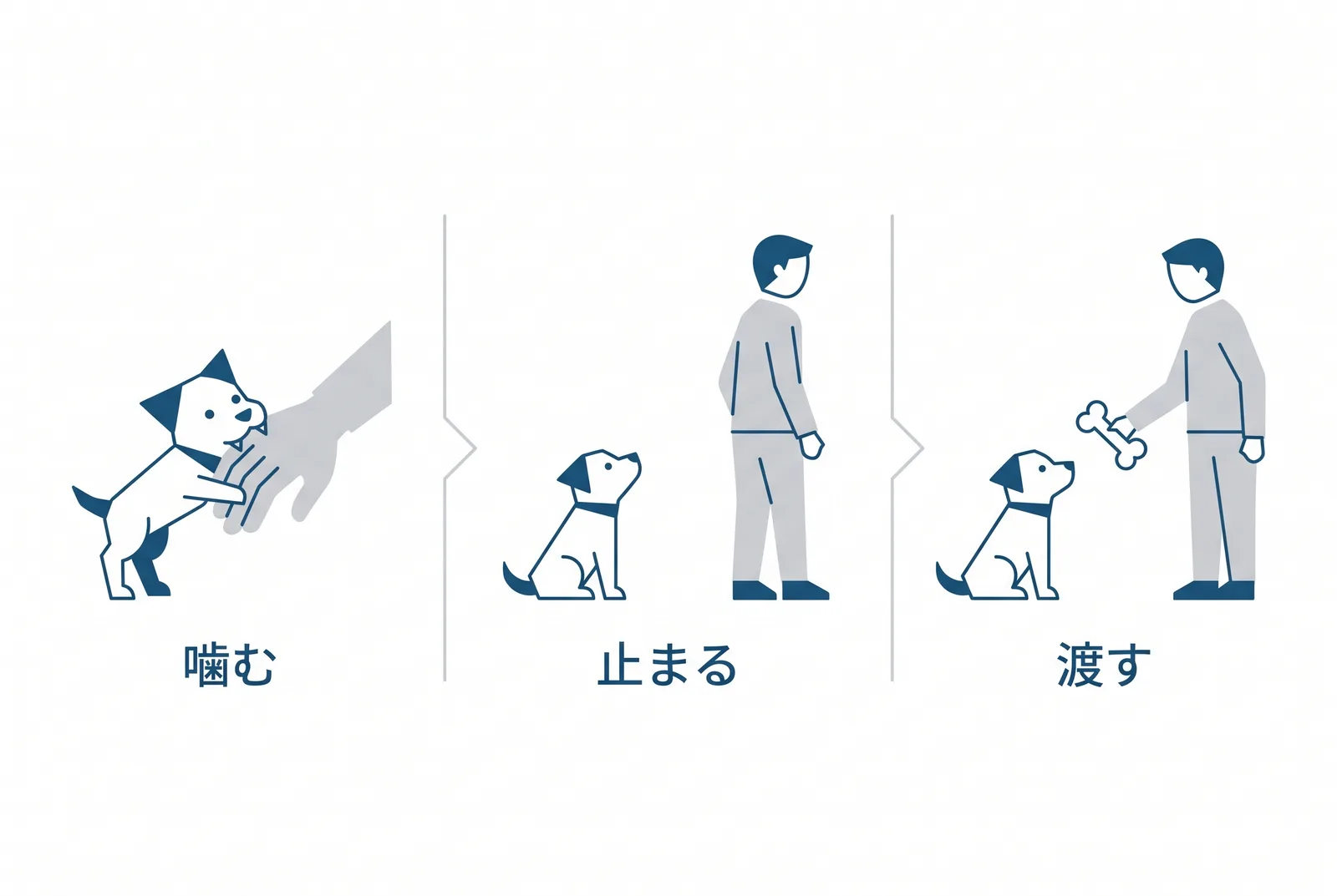 噛んだら遊びを止める。手を噛んだら飼い主は背を向けて静止し、落ち着いたら噛んでよいおもちゃを渡す