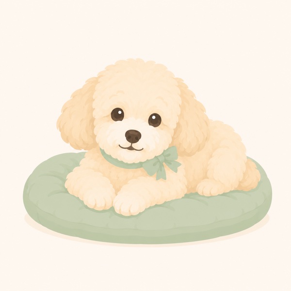 シニア期：穏やかに過ごす口まわりの白いクリーム色の老犬のイラスト